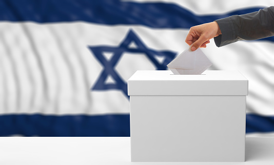 Voter on an waiving Israel flag background. 3d illustration