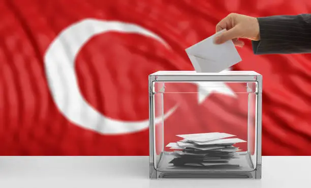 Voter on an waiving Turkey flag background. 3d illustration