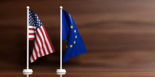 istock EU and USA flags on wooden background. 3d illustration 1019889640