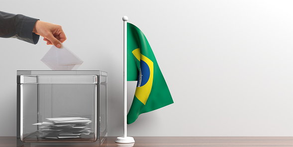 Glass ballot box and a small Brazil flag. 3d illustration