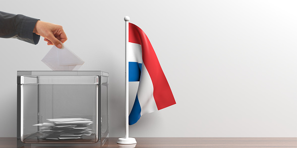 Glass ballot box and a small Netherlands flag. 3d illustration