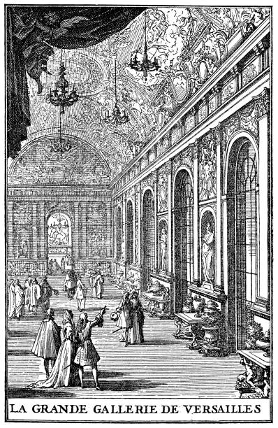 illustrazioni stock, clip art, cartoni animati e icone di tendenza di la sala degli specchi (1684 di sebastien leclerc(1637-1714) è la galleria centrale della reggia di versailles a versailles, in francia. - reggia di versailles