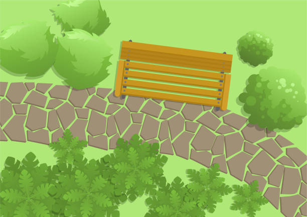 Park scene with bench, trees and footwalk, top view. Outdoor exterior, view from above. Flat vector illustration. Horizontal Park scene with bench, trees and footwalk, top view. Outdoor exterior, view from above. Flat vector illustration. Horizontal. stone bench top view stock illustrations