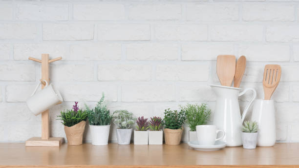 istock Kitchen utensils and dishware on wooden shelf. Kitchen interior background.Text space. 1019895168