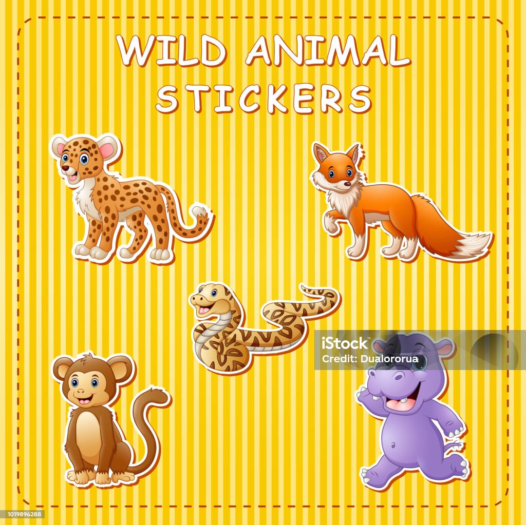 Cute Cartoon Wild Animals On Sticker Stock Illustration - Download Image  Now - Activity, Africa, Animal - iStock