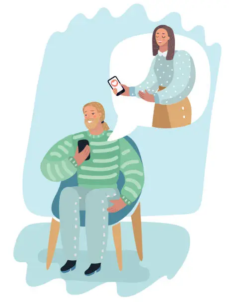 Vector illustration of Man and woman online with smartphone.