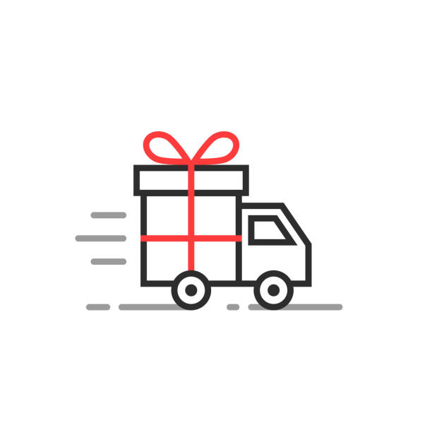 lineare lieferwagen mit geschenk-box - delivery van distribution warehouse vector shipping stock-grafiken, -clipart, -cartoons und -symbole