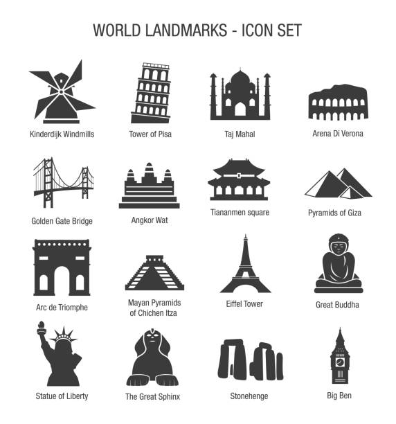 ilustraciones, imágenes clip art, dibujos animados e iconos de stock de conjunto de iconos de puntos de referencia mundial - angkor wat buddhism cambodia tourism