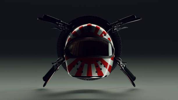 istock Japanese Rising Sun Motorcycle Helmet and Handlebars Backlit Front View 1019908364