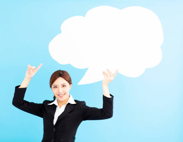 istock Young  business woman showing the speech bubble 1019916894