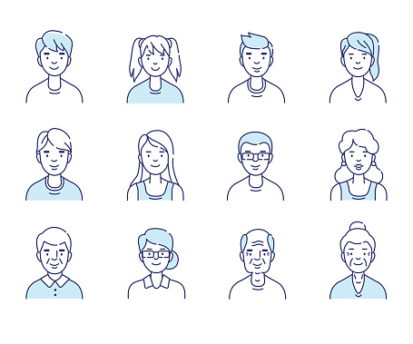 Simple set of avatars icons. Different ages people. Flat line vector illustration isolated on white background.