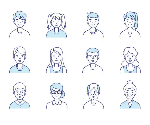 Avatars Simple set of avatars icons. Different ages people. Flat line vector illustration isolated on white background. teenage girl with grandmother stock illustrations