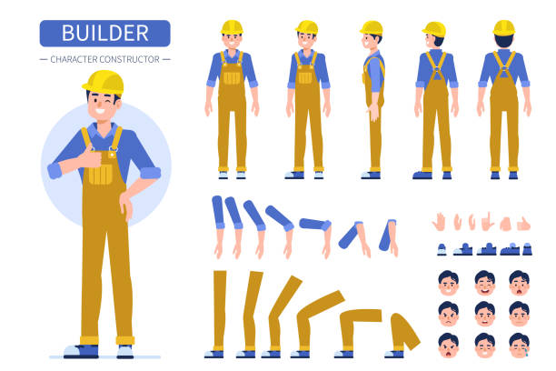builder Construction worker character  for animation. Front, side and back view.  Flat style vector illustration isolated on white background. construction workers stock illustrations