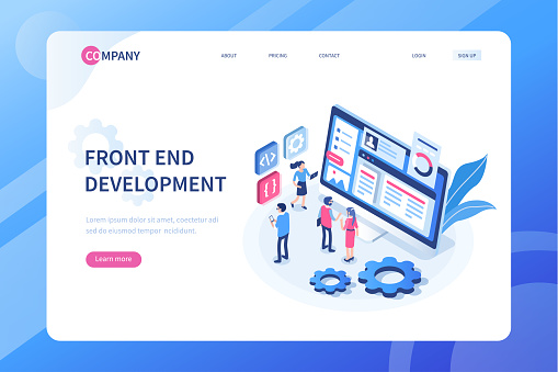 Front end development concept with characters. Can use for web banner, infographics, hero images. Flat isometric vector illustration isolated on white background.