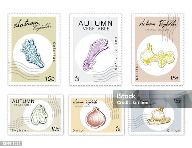 Post Stamps Set Of Autumn Vegetables With Paper Cut Art Stock Illustration - Download Image Now