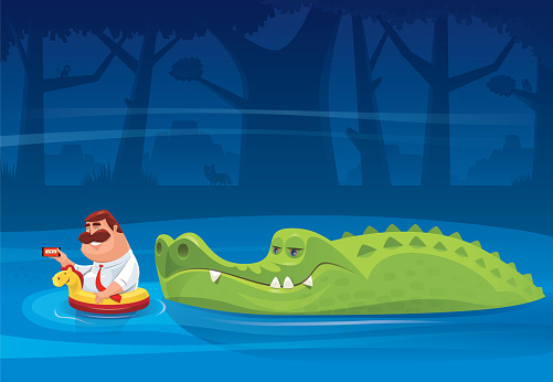 vector illustration of big crocodile looking at fat man with smartphone