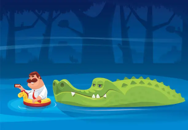 Vector illustration of crocodile looking at fat man with smartphone