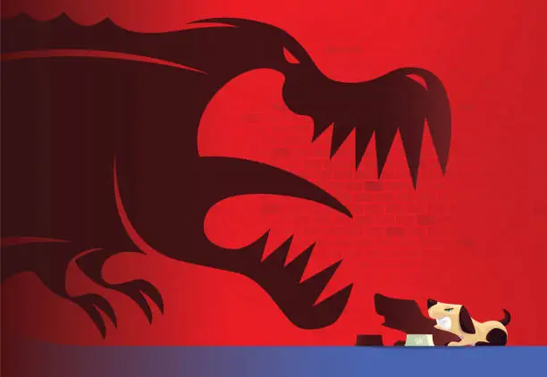 Vector illustration of angry dog defending dinosaur