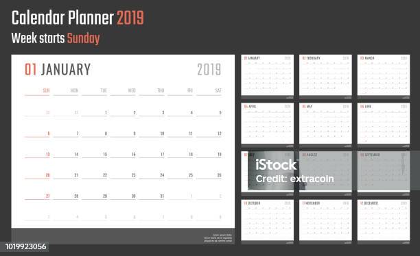 Ilustración de Calendario Para 2019 Comienza El Domingo Vector Calendario Diseño Año 2019 y más Vectores Libres de Derechos de Calendario