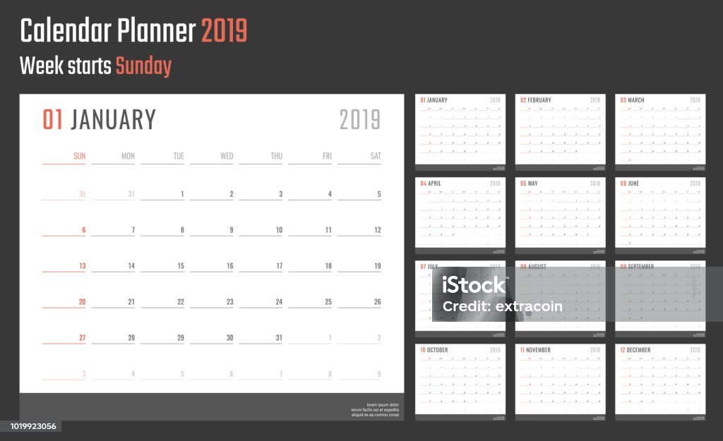 calendar for 2019 starts sunday, vector calendar design 2019 year 2019 year calendar, calendar design for 2019 starts sunday Calendar stock vector