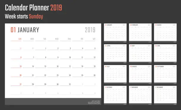 Vector illustration of calendar for 2019 starts sunday, vector calendar design 2019 year