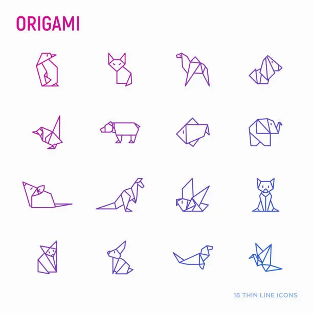 Vector illustration of Origami, animals folded from paper thin line icons: penguin, camel, fox, bear, sparrow, fish, mouse, bird, elephant, kangaroo, hare, seal, raccoon. Modern vector illustration.