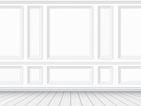 Classic interior of the living room. Parquet floor and white wall decorated with moulding panels. Vector detailed realistic illustration.