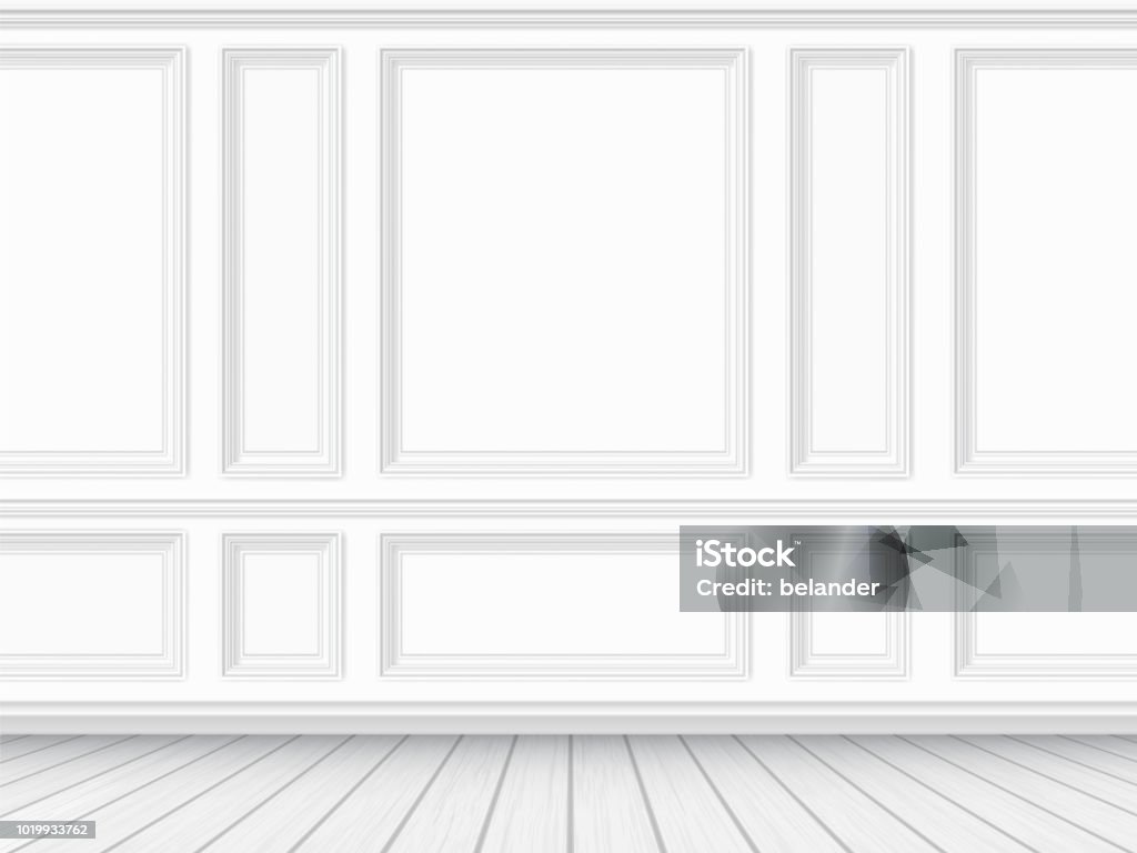 Parquet floor and white paneled wall background Classic interior of the living room. Parquet floor and white wall decorated with moulding panels. Vector detailed realistic illustration. Wall - Building Feature stock vector