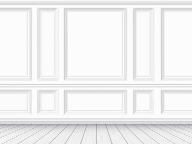 Parquet floor and white paneled wall background Classic interior of the living room. Parquet floor and white wall decorated with moulding panels. Vector detailed realistic illustration. molding a shape stock illustrations