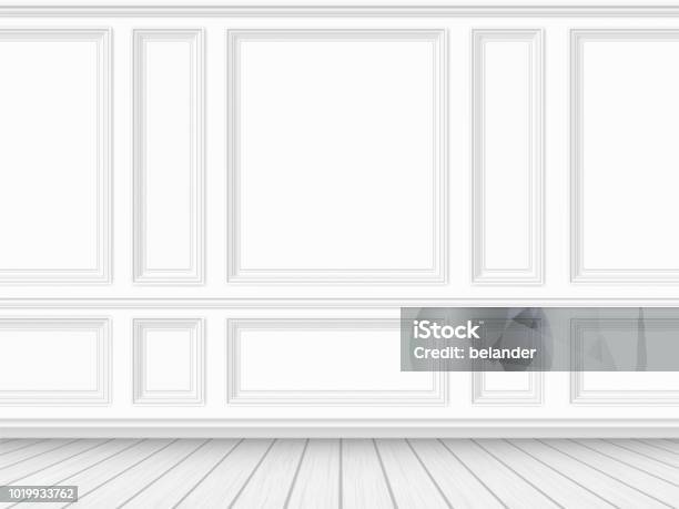 Parquet Floor And White Paneled Wall Background Stock Illustration - Download Image Now - Wall - Building Feature, Wood Paneling, Baseboard