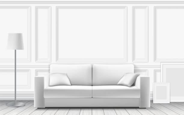 Modern sofa on background of white wall Modern sofa on background of white wall decorated with moulding panels. Parquet floor and white wall. Vector detailed realistic illustration. shaping room stock illustrations