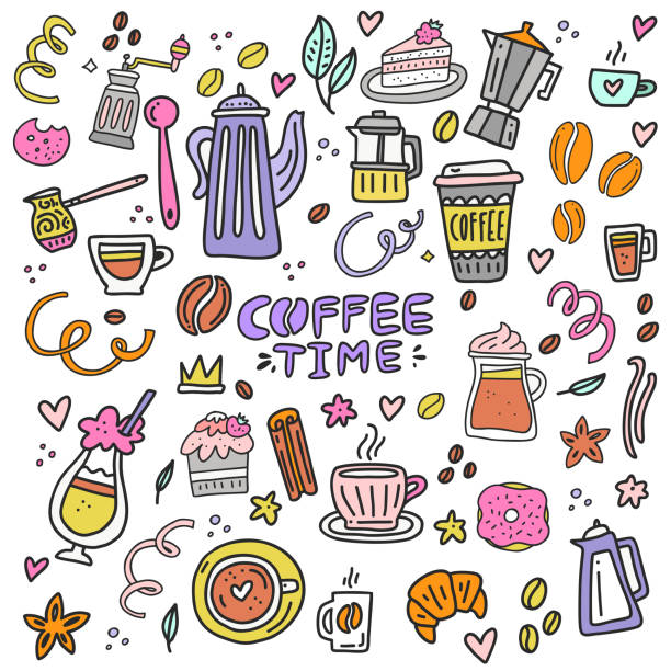 illustrations, cliparts, dessins animés et icônes de icônes de temps café - snack coffee instant coffee cappuccino