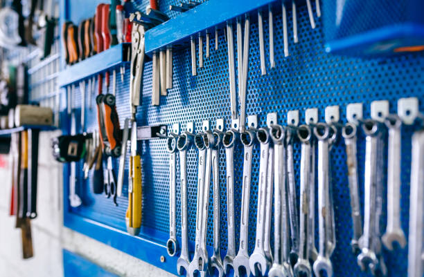 istock Detail of motorcycle workshop tools board 1019946584