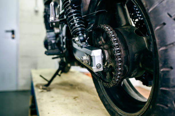 Detail of wheel of customized motorcycle stock photo