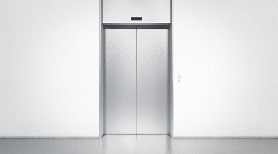 Plata en blanco cerrado ascensor interior de piso oficina imitan para arriba photo