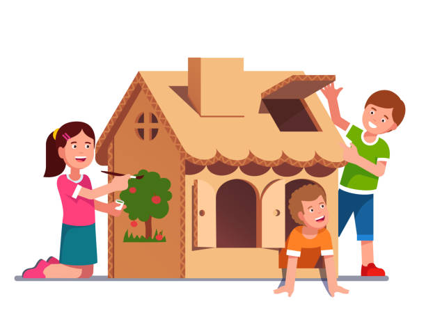 Kids boys and girl playing together & painting cardboard box toy wendy house. Flat isolated vector Kids painting cardboard box toy wendy house together. Boys and girl playing in and out of toy home. Flat style isolated vector character illustration kids play house stock illustrations