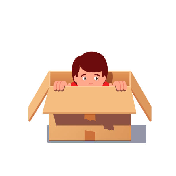 ilustraciones, imágenes clip art, dibujos animados e iconos de stock de niño juego ocultar y buscar, escondidos en una caja de cartón. vector aislado plano - hiding fear men peeking