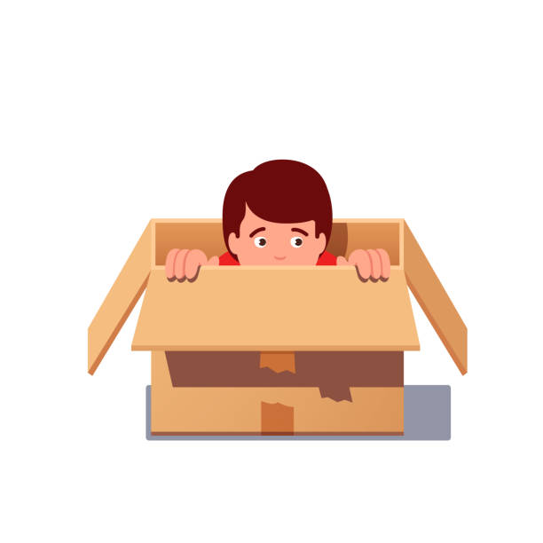 illustrations, cliparts, dessins animés et icônes de enfant jouant à cache-cache, se cachant dans une boîte en carton. vector isolé plat - hiding fear men peeking