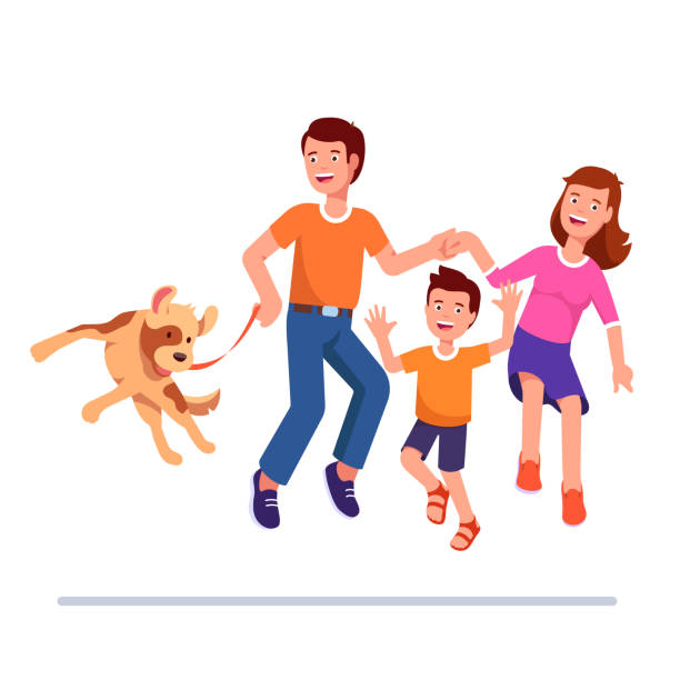 笑顔の父、母、息子、犬は一緒にジャンプします。幸せな家庭は、楽しい時を過します。フラット分離ベクトル - child jumping white background small点のイラスト素材／クリップアート素材／マンガ素材／アイコン素材