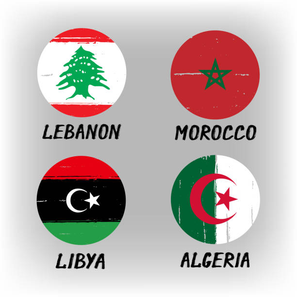 satz von 4 flaggen - runde icons - libanon marokko libyen algerien - soccer soccer ball symbol algeria stock-grafiken, -clipart, -cartoons und -symbole
