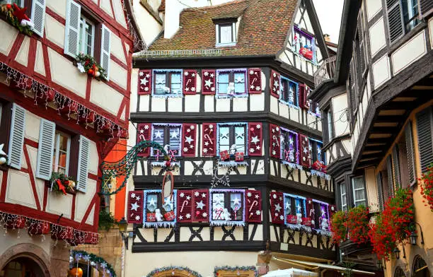 Detail of Christmas decorated houses in Colmar, France