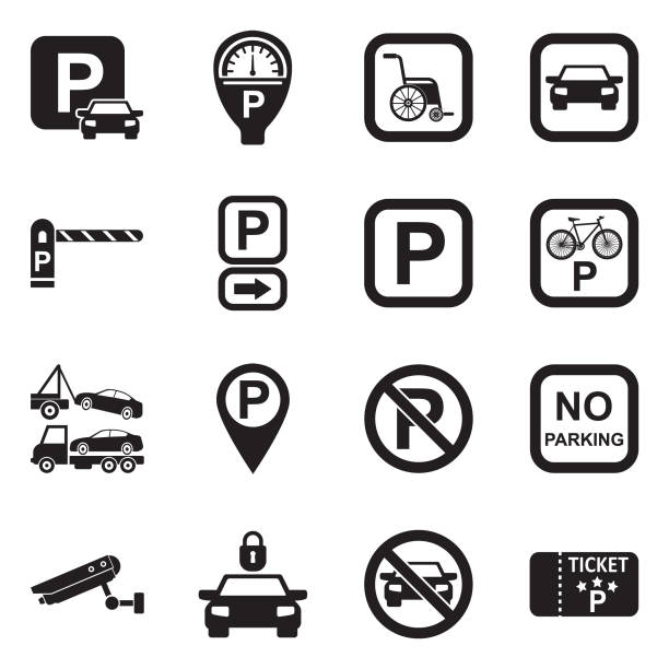 parkplatz-symbole. schwarze flache bauweise. vektor-illustration. - parkvergehen strafzettel stock-grafiken, -clipart, -cartoons und -symbole