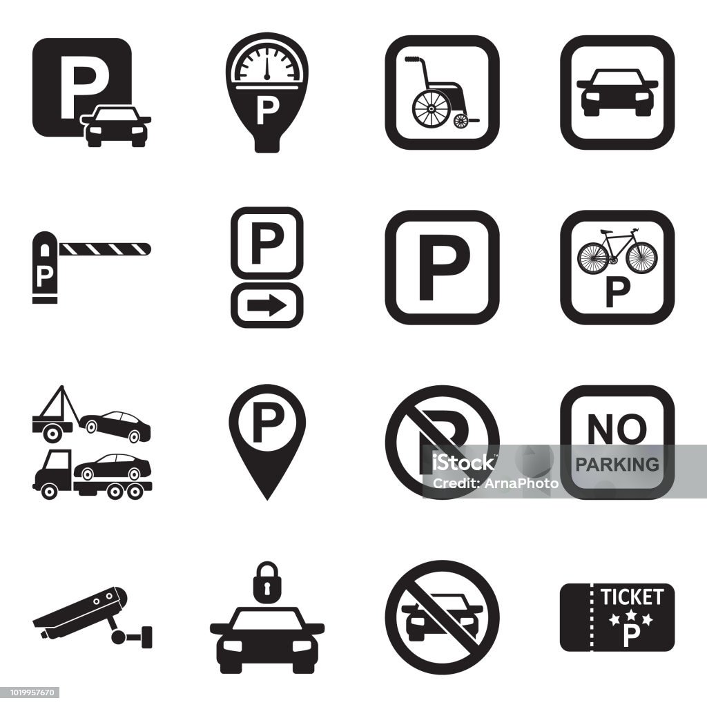 Icônes de stationnement. Design plat noir. Illustration vectorielle. - clipart vectoriel de Parking libre de droits