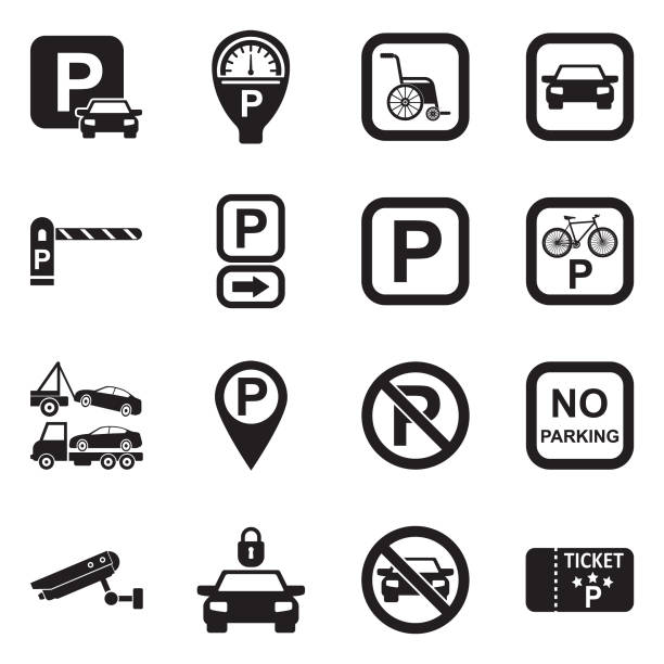 Parking Icons. Black Flat Design. Vector Illustration. Parking, Ticket, Lot, Meter, Sign parking lot stock illustrations