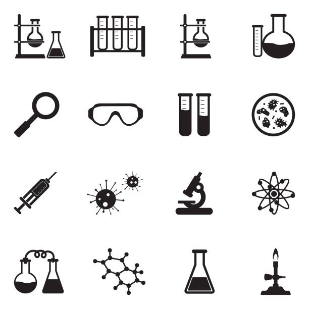 Lab And Research Icons. Black Flat Design. Vector Illustration. Laboratory, Research, Chemistry, Biology, Science science lab stock illustrations