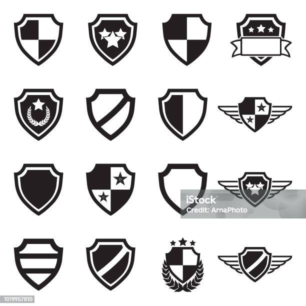 Schildsymbole Schwarze Flache Bauweise Vektorillustration Stock Vektor Art und mehr Bilder von Abschirmen