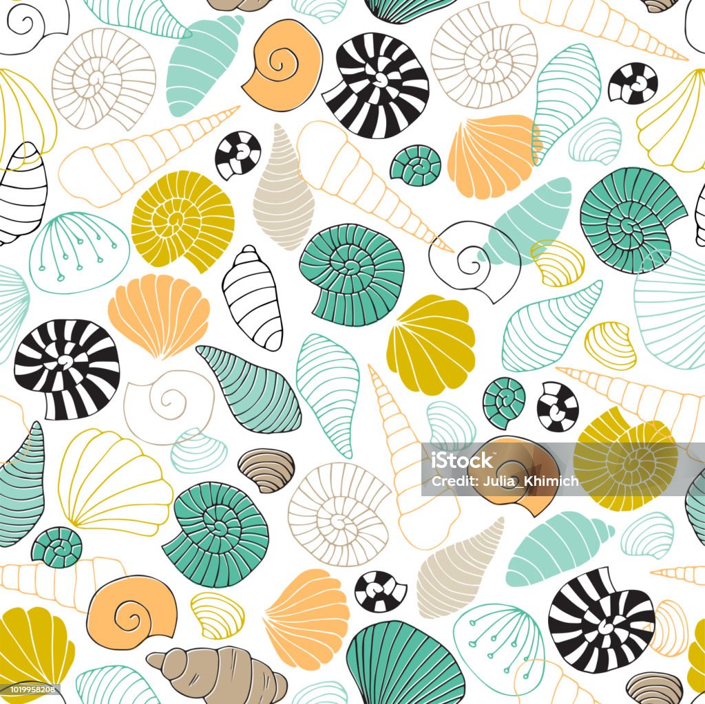 Sea seamless pattern. Underwater world, multicolored shells. Sea seamless pattern. Underwater world, multicolored shells. Vector bright background. Can be used for wallpaper, stationery, scrapbooking, home decor and textile, fabric prints. Animal Shell stock vector