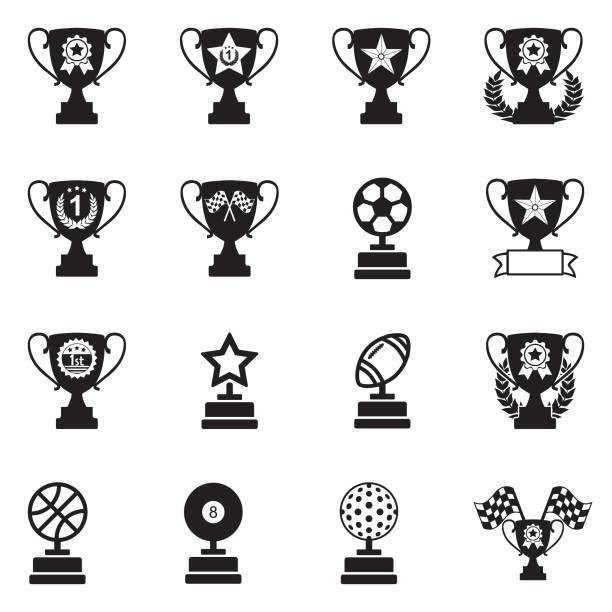 ilustrações, clipart, desenhos animados e ícones de prêmio copa e ícones de troféu. projeto liso preto. ilustração em vetor. - trophy soccer sport success