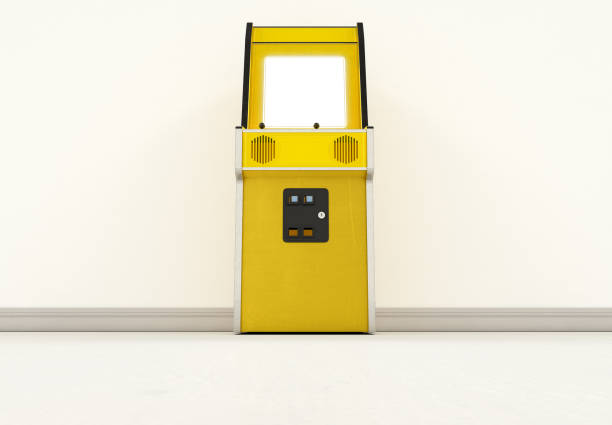 istock A vintage yellow unbranded arcade machine with a blank screen on a vintage room background - 3D render 1019958974