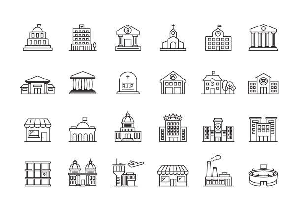 ilustrações, clipart, desenhos animados e ícones de conjunto de ícones de linha de edifícios públicos - cultural center